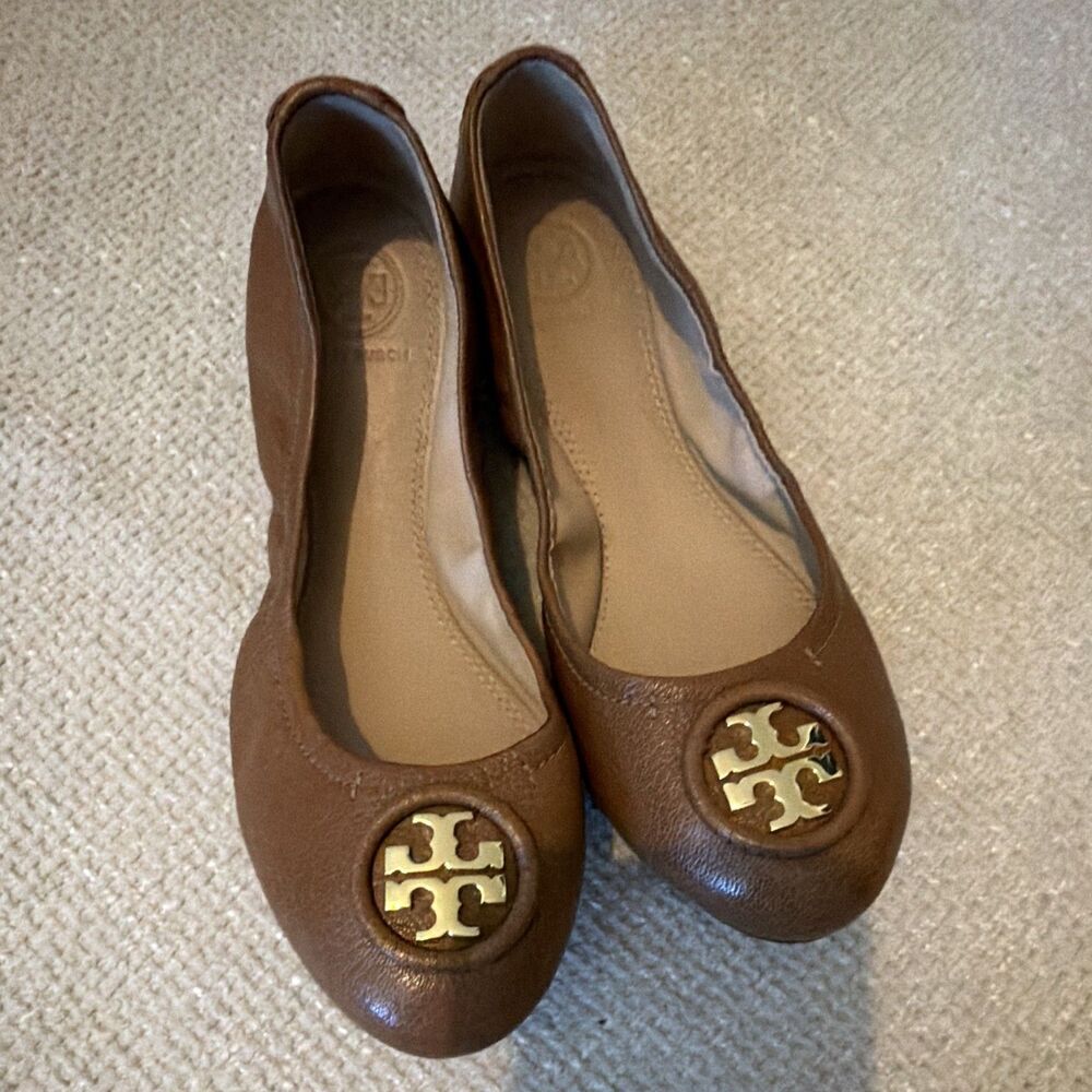 Tory Burch Reva Tan Brown Leather Gold Logo Ballet Flats, Size 7, EXC